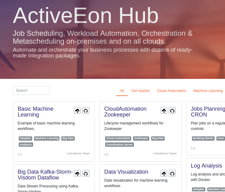 screenshot of Activeeon hub where package, connectors, plugins can be shared